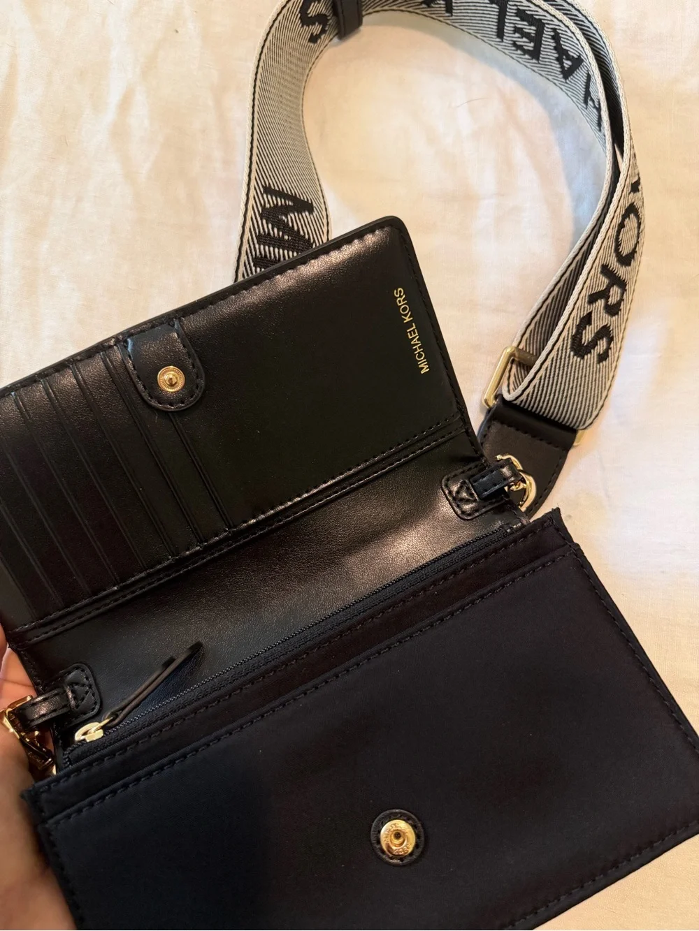 Michael Kors Black Crossbody Bag with Branded Beige Strap